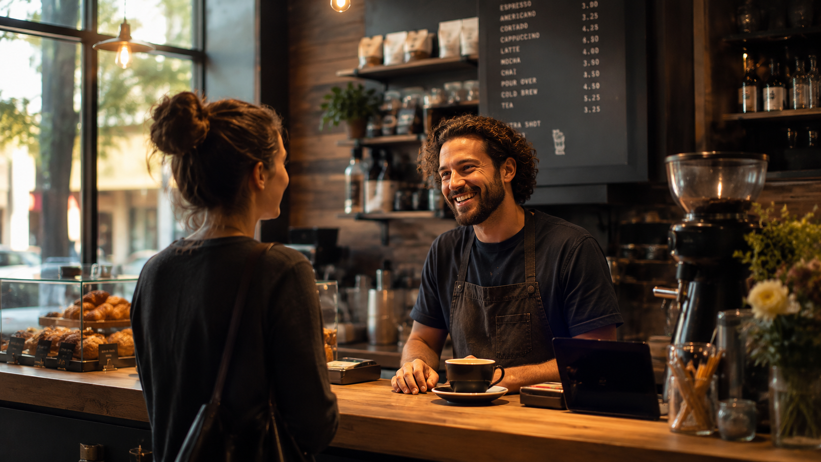 A guest speaking with a barista in a warm café