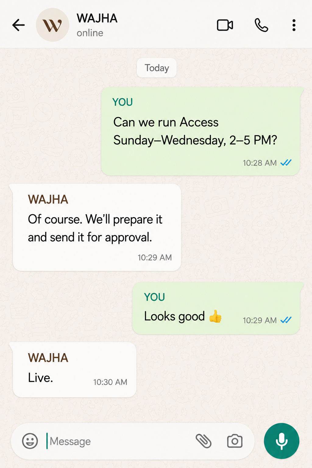 A WhatsApp conversation showing a venue requesting an Access schedule, Wajha preparing it for approval, and the venue approving it
