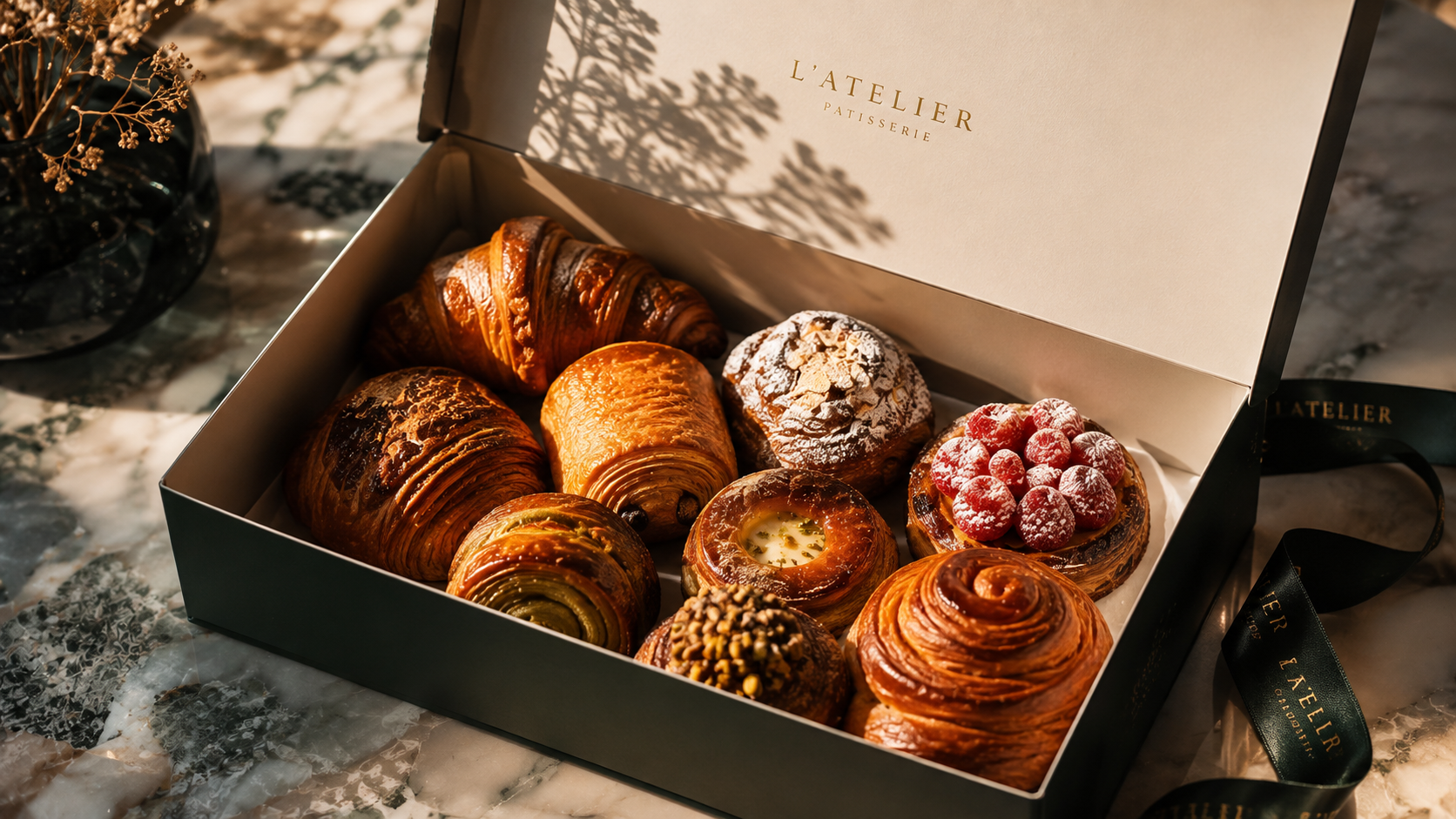 An elegant pastry box filled with assorted pastries